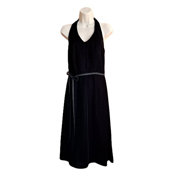 Davids Bridal Velvet Dress Black Halter Midi Sz 6 Formal Holiday Prom Wedding - Picture 1 of 11